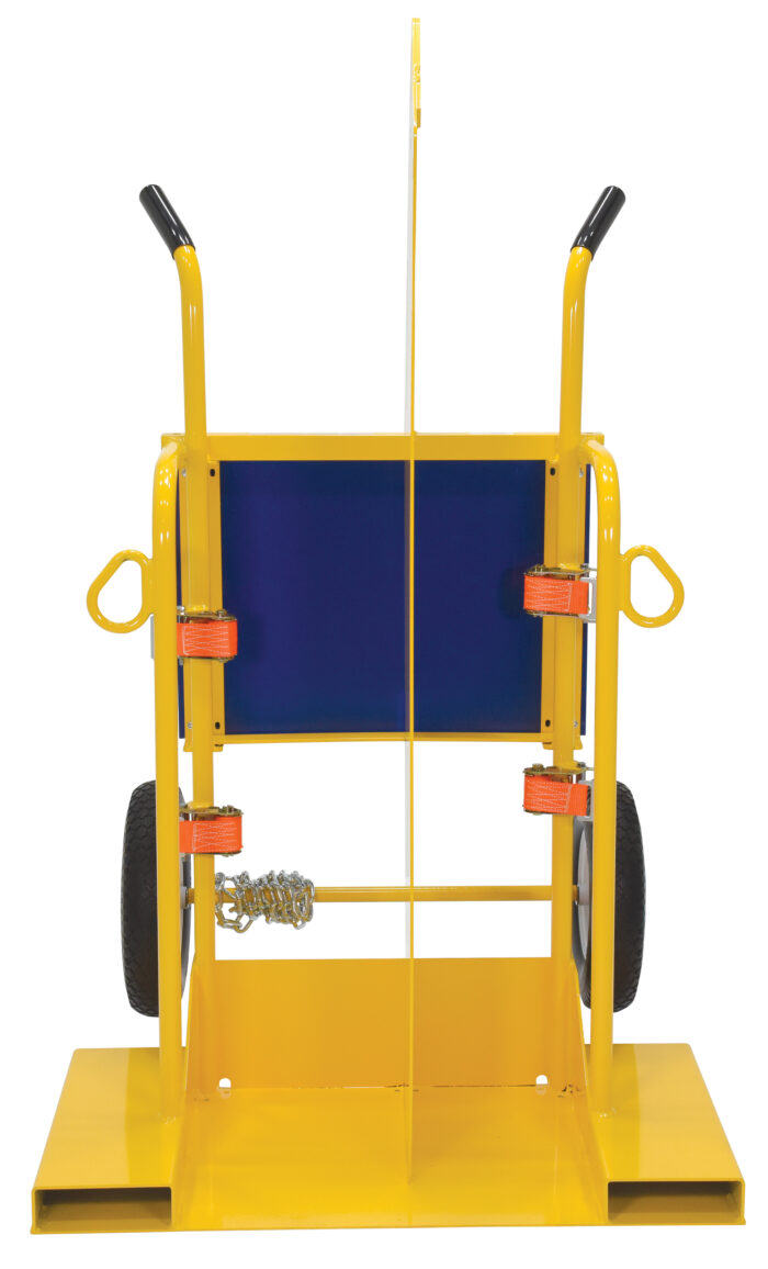 Vestil Steel Welding Cylinder Torch Cart with Foam Filled Wheels 34-3/8 In. x 40-1/4 In. x 66-3/8 In. 500 lb. Capacity Yellow CYL-2-FF - Image 3