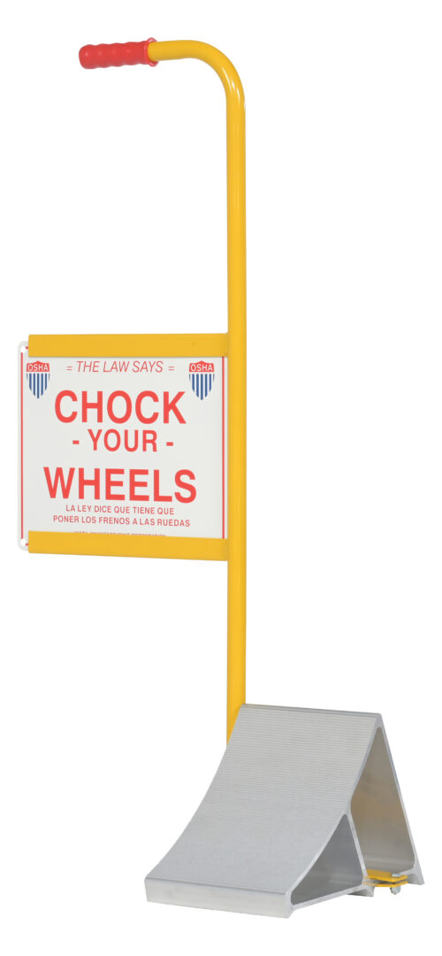 Vestil Aluminum Wheel Chock with Handle and Sign 11-7/8 In. x 21-3/16 In. x 37-9/16 In. Silver/Yellow EALUM-7-HS