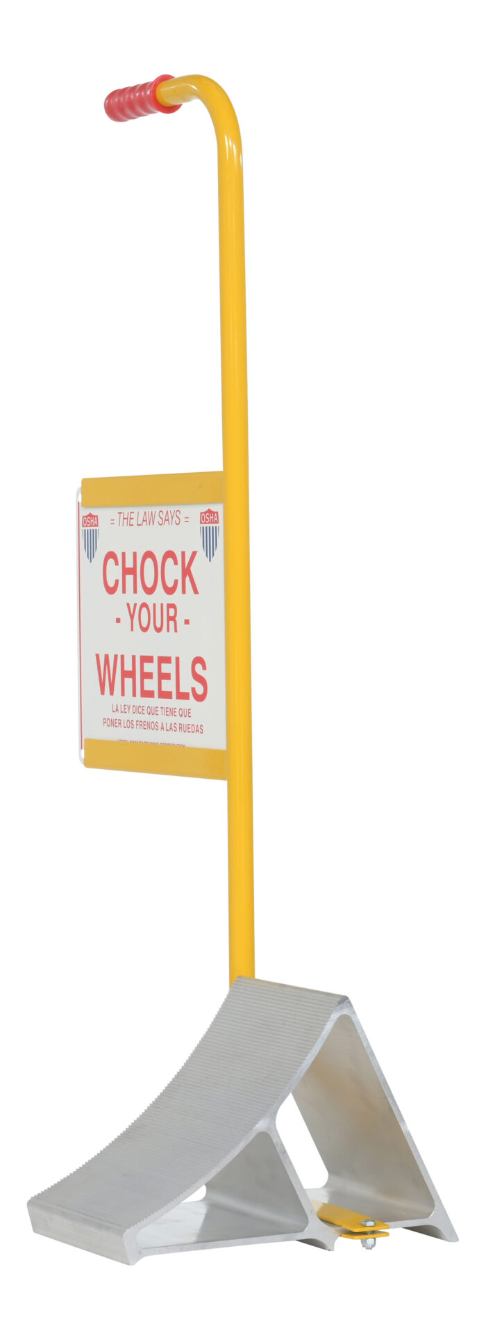 Vestil Aluminum Wheel Chock with Handle and Sign 11-7/8 In. x 21-3/16 In. x 37-9/16 In. Silver/Yellow EALUM-7-HS - Image 2