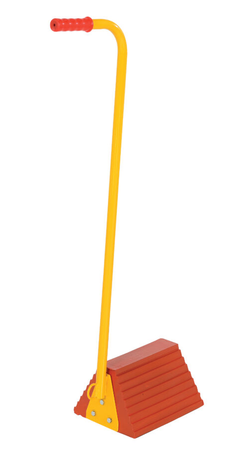 Vestil Molded Rubber Ergonomic Wheel Chock with Handle 8 In. x 18 In. x 36-9/16 In. Orange and Yellow ORWC-8-ERGO
