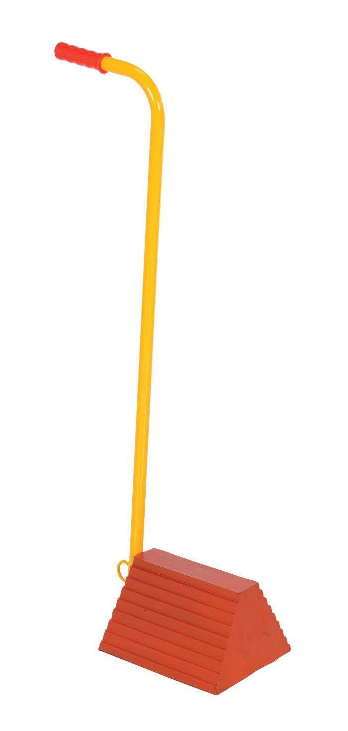 Vestil Molded Rubber Ergonomic Wheel Chock with Handle 8 In. x 18 In. x 36-9/16 In. Orange and Yellow ORWC-8-ERGO - Image 2