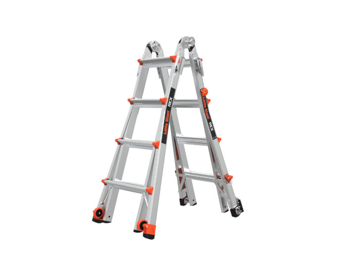 REX, Model 17 - ANSI Type IAA - 375 lb Rated, Aluminum Articulated Extendable Ladder, with 3-position foot, double-angle level and RATCHET Levelers