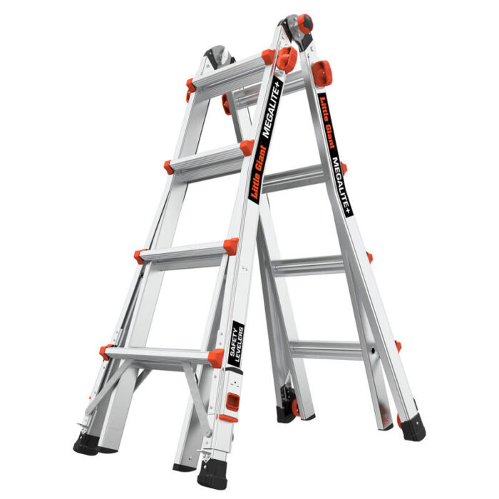 MEGALITE+, Model 18 - ANSI Type 1A - 300 lb Rated, Aluminum Articulating Extendable Ladder with RAPID LOCKS, TIP-N-GLIDE WHEELS, Ratchet Leg Levelers and Orange Rung Caps - Retail Packaging