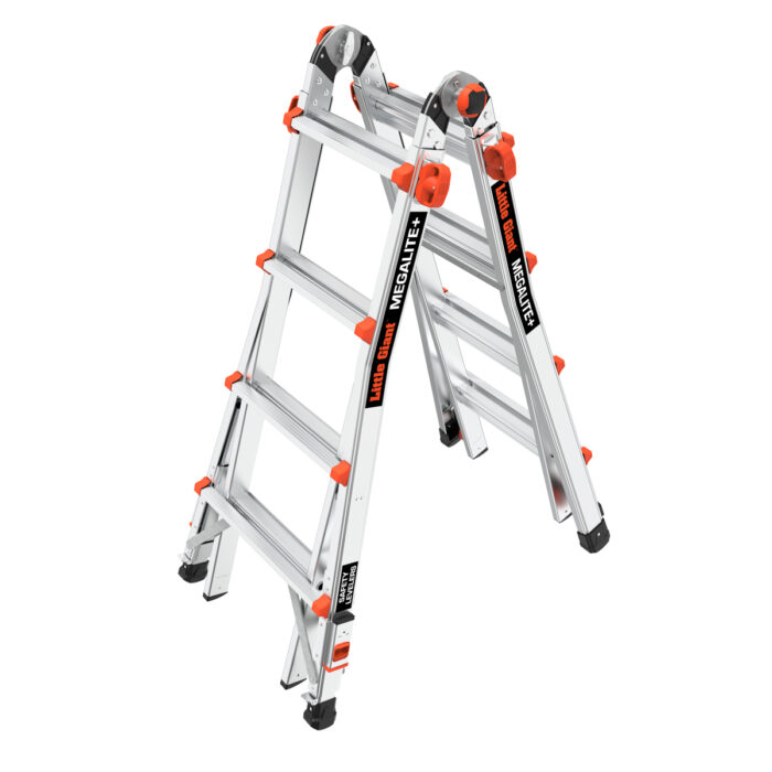 MEGALITE+, Model 18 - ANSI Type 1A - 300 lb Rated, Aluminum Articulating Extendable Ladder with RAPID LOCKS, TIP-N-GLIDE WHEELS, Ratchet Leg Levelers and Orange Rung Caps - Retail Packaging - Image 2